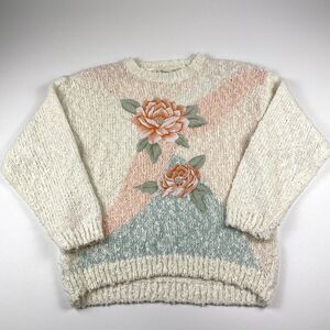 VTG Colleens Collectibles Womens Acrylic Sweater Cream Floral Grannycore Cottage